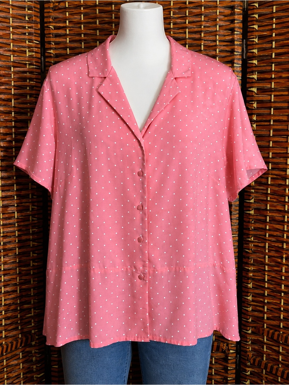 Karen Scott Pink Polka Dot Button Front Blouse Size XL